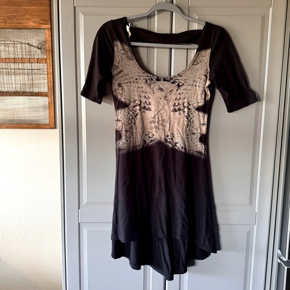 Black Poppy Y2K Womens Owl Print Sharkbite Hem Tunic Dress,Cream Black,M